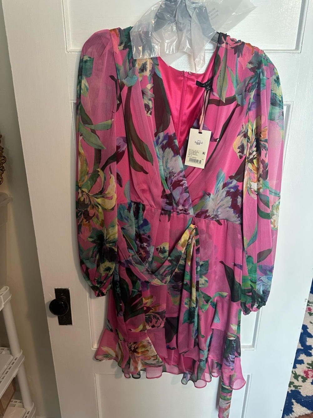 Alex Marie Hot Pink Floral Wrap Mini Dress with Green Leaves
